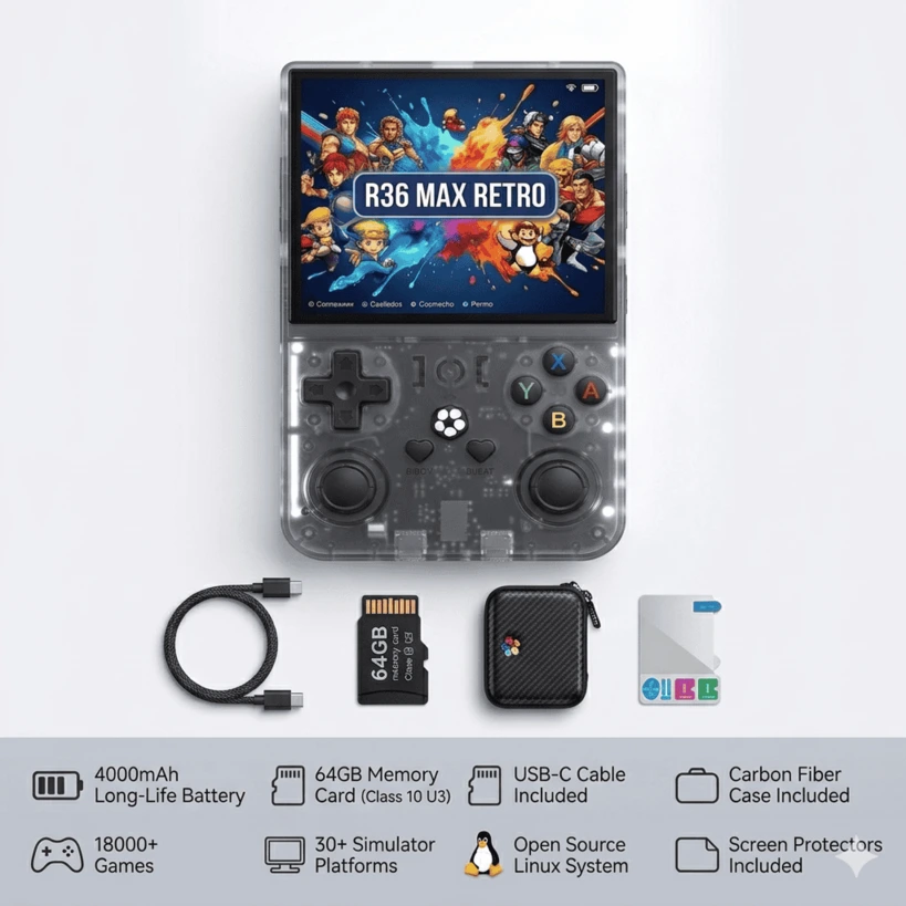 R36S game console showing removable 3500mAh battery and USB-C port